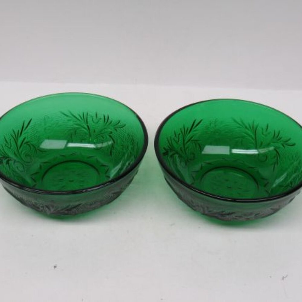 2 - Anchor Hocking Fire King Forest Green SANDWICH 4 7/8 Inch Berry Fruit Bowls